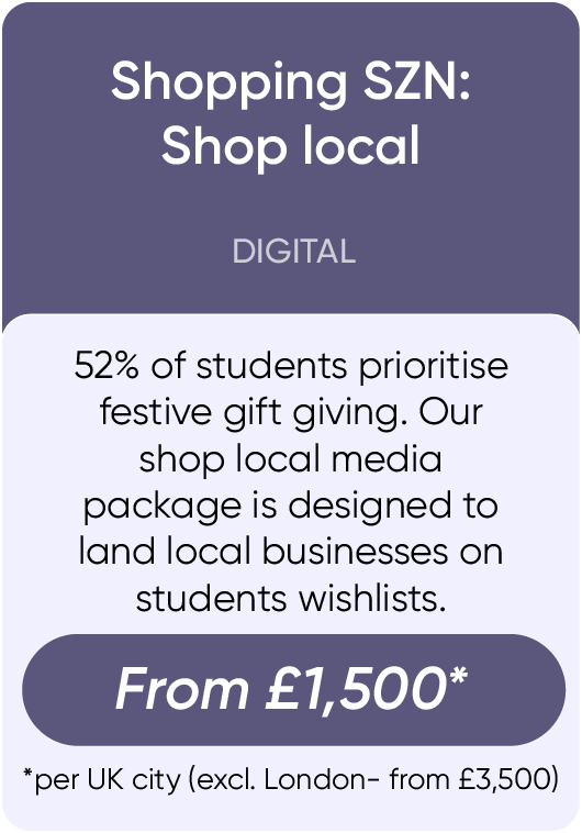 52% of students prioritise festive gift giving. Our shop local media package is designed to land local businesses on students wishlists.