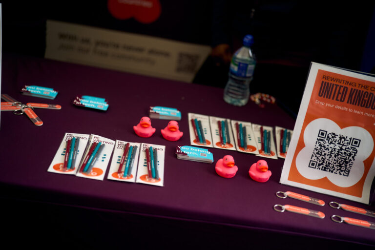 Rewriting the code branded merch on a table .