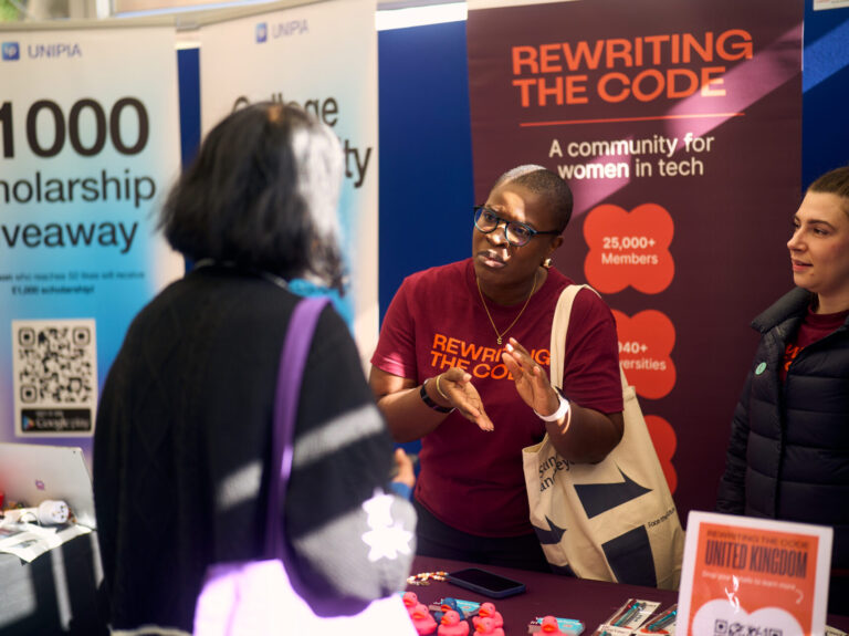 Rewriting the code brand rep talking to a student.